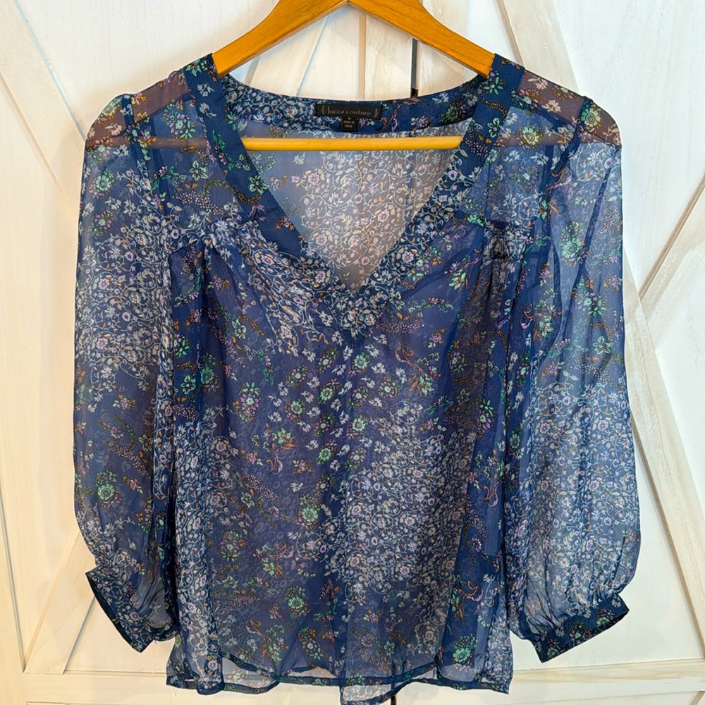 Lucca Couture Floral Sheer V-Neck Blouse